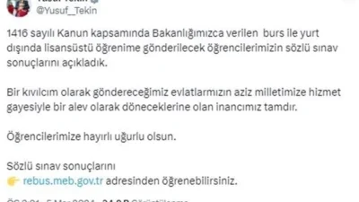 Milli Eğitim Bakanı Yusuf Tekin sosyal medya hesabından YLSY sözlü