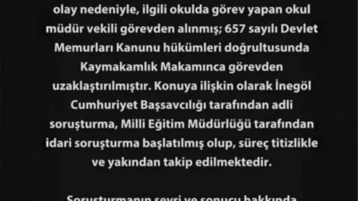 İnegöl'de öğretmen, öğrenciye şiddet nedeniyle görevden uzaklaştırıldı. Soruşturma devam ediyor.