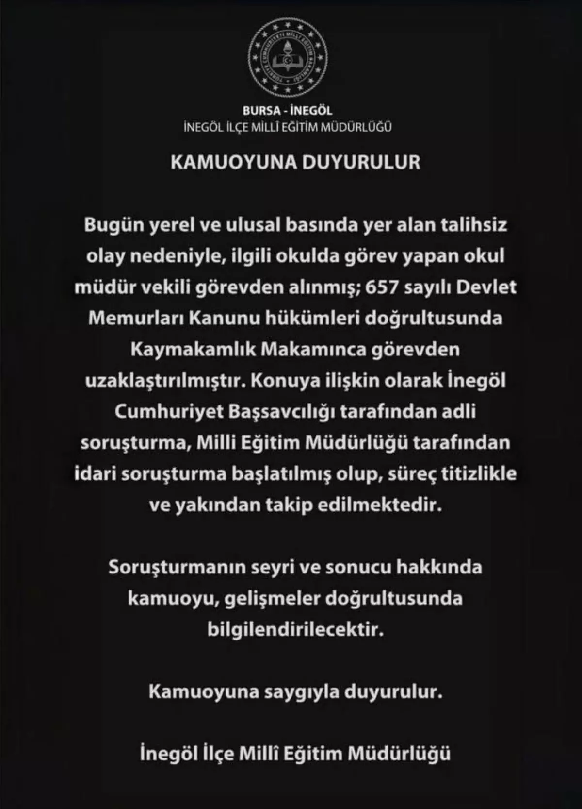 İnegöl'de öğretmen, öğrenciye şiddet nedeniyle görevden uzaklaştırıldı. Soruşturma devam ediyor.